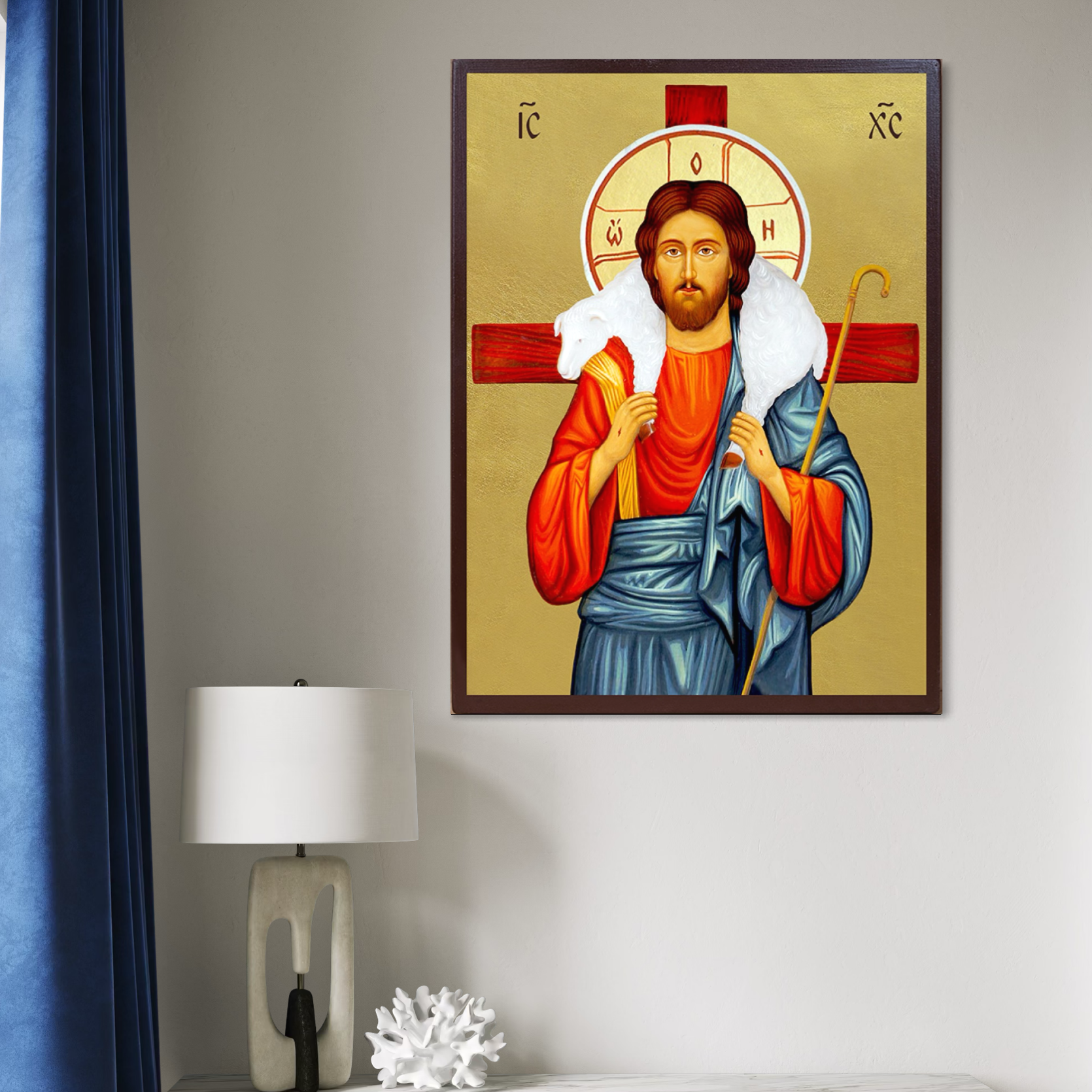 Imagine cu icoana pictata cu iisus bunul pastor, tiparita pe panza canvas